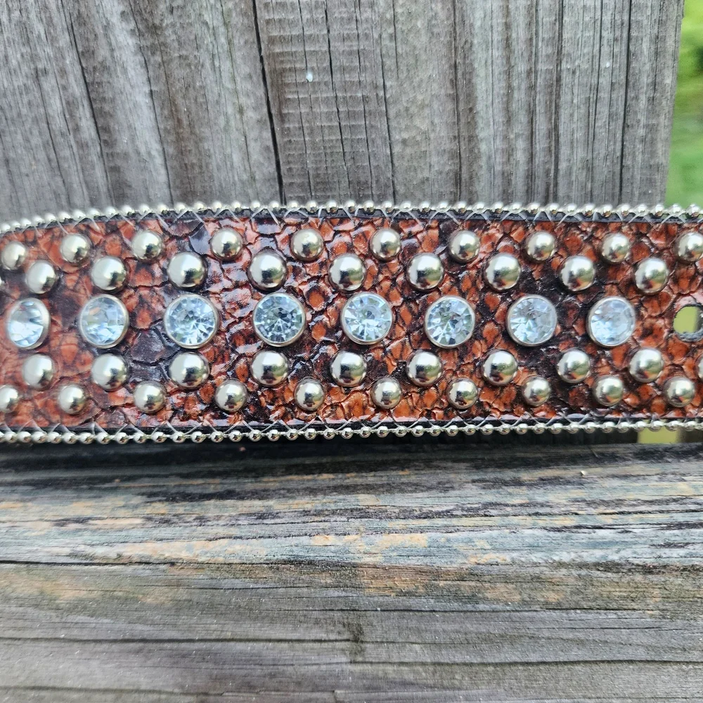 Vtg Y2K Guess Brown Snake Embossed Rhinestone Studded Western Belt Size XL 93804 - Picture 7 of 12